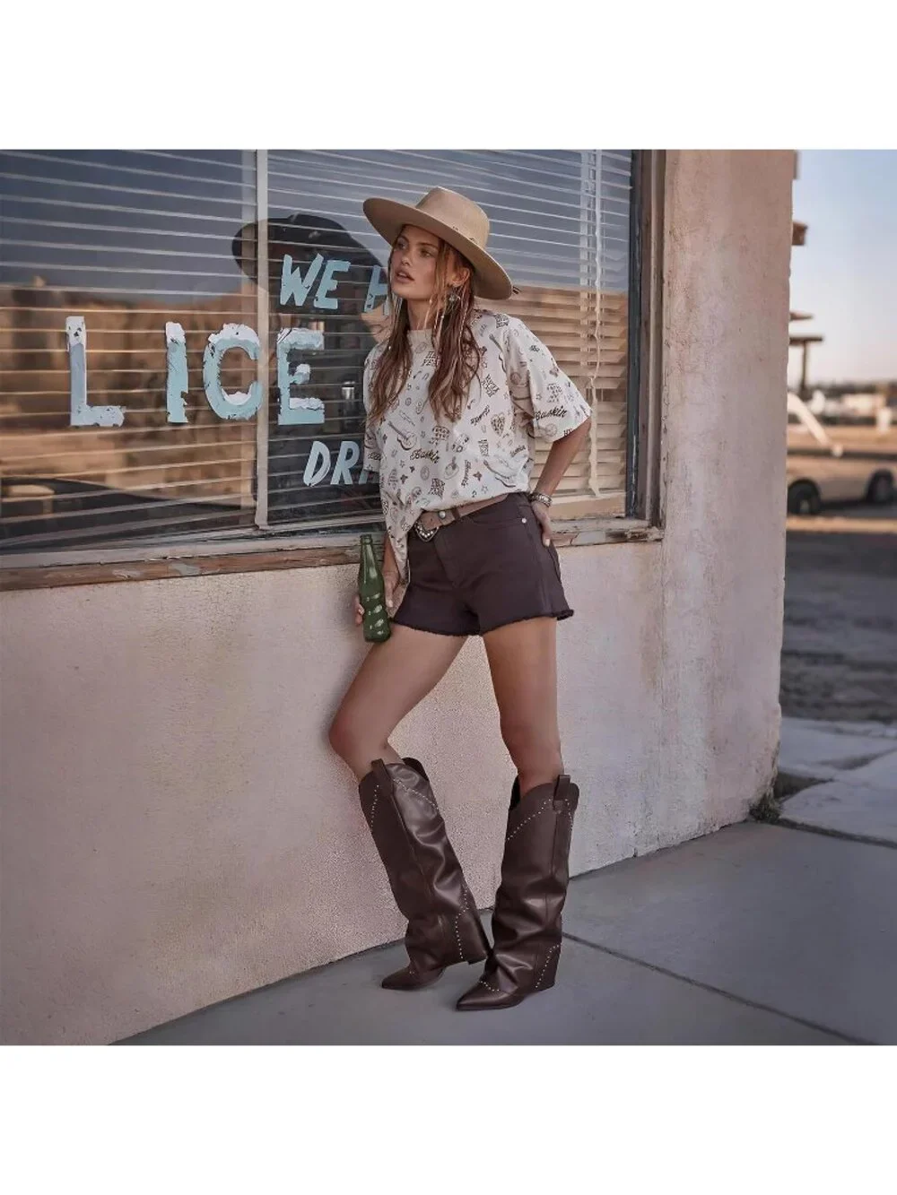 Women's Coffee Shark Studded Fold Over Knee High Snip Toe Cowgirl Slouch Boots